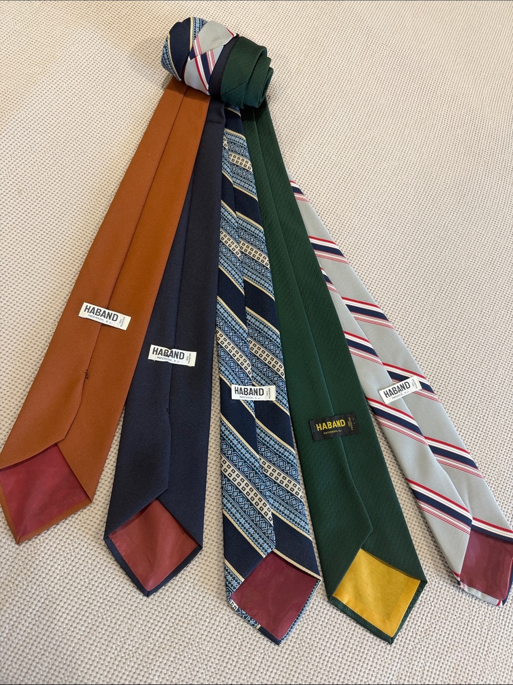 Haband Men's Tie Set — Green, Navy, Rust, Light Gray Stripe, Patterned Blue